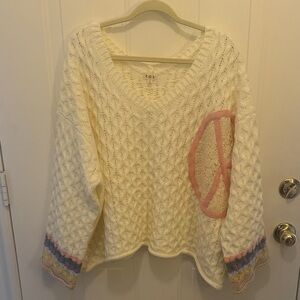 POL Women's Cream V-Neck Sweater with Pink Peace Sign